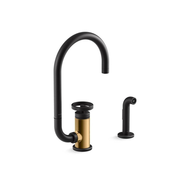Kohler - BilletE Single-handle kitchen sink faucet with two-function extended-reach spout and side sprayer - Matte Black with Brushed Moderne Brass