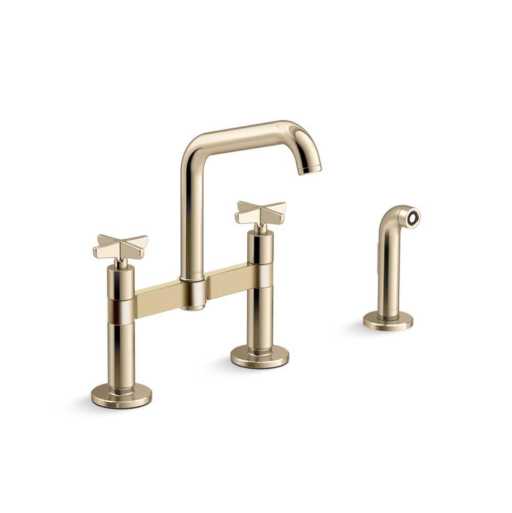 Kohler - BilletE Two-hole bridge kitchen sink faucet with side sprayer - Vibrant French Gold