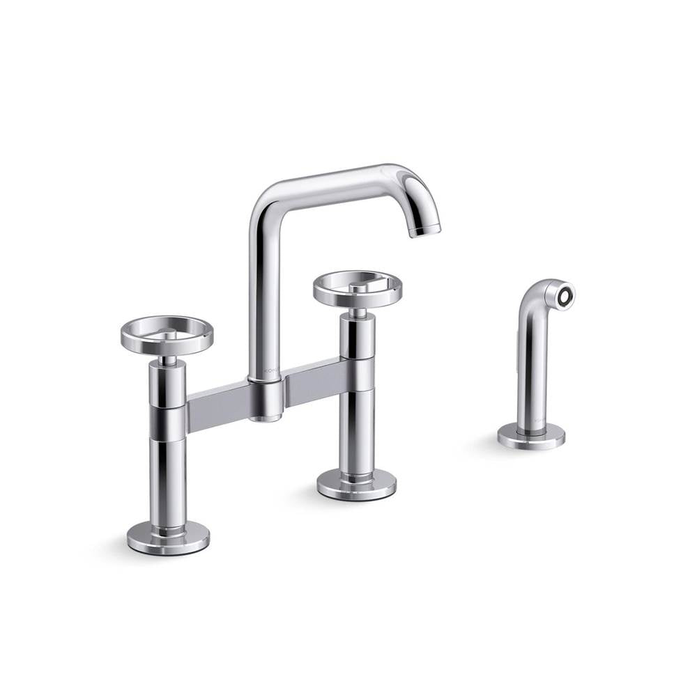 Kohler - BilletE Two-hole bridge kitchen sink faucet with side sprayer - Polished Chrome