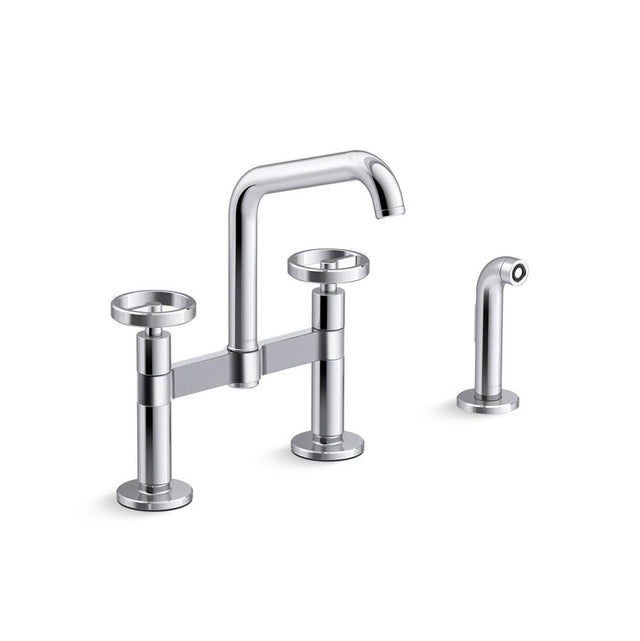 Kohler - BilletE Two-hole bridge kitchen sink faucet with side sprayer - Polished Chrome