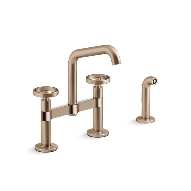 Kohler - BilletE Two-hole bridge kitchen sink faucet with side sprayer - Vibrant Brushed Bronze