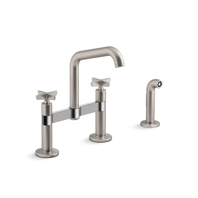 Kohler - BilletE Two-hole bridge kitchen sink faucet with side sprayer - Vibrant Stainless
