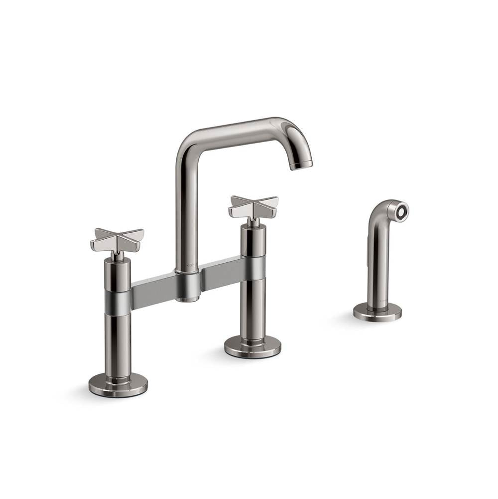 Kohler - BilletE Two-hole bridge kitchen sink faucet with side sprayer - Vibrant Titanium