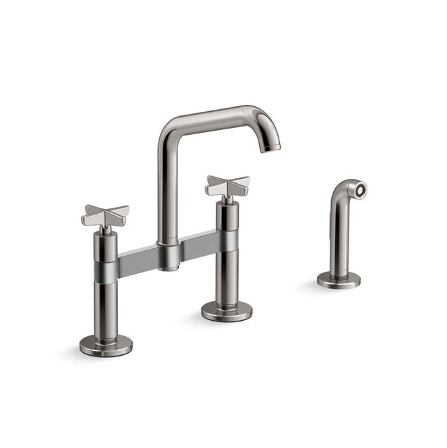 Kohler - BilletE Two-hole bridge kitchen sink faucet with side sprayer - Vibrant Titanium