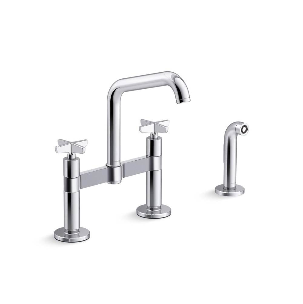 Kohler - BilletE Two-hole bridge kitchen sink faucet with side sprayer - Polished Chrome