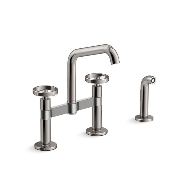 Kohler - BilletE Two-hole bridge kitchen sink faucet with side sprayer - Vibrant Titanium