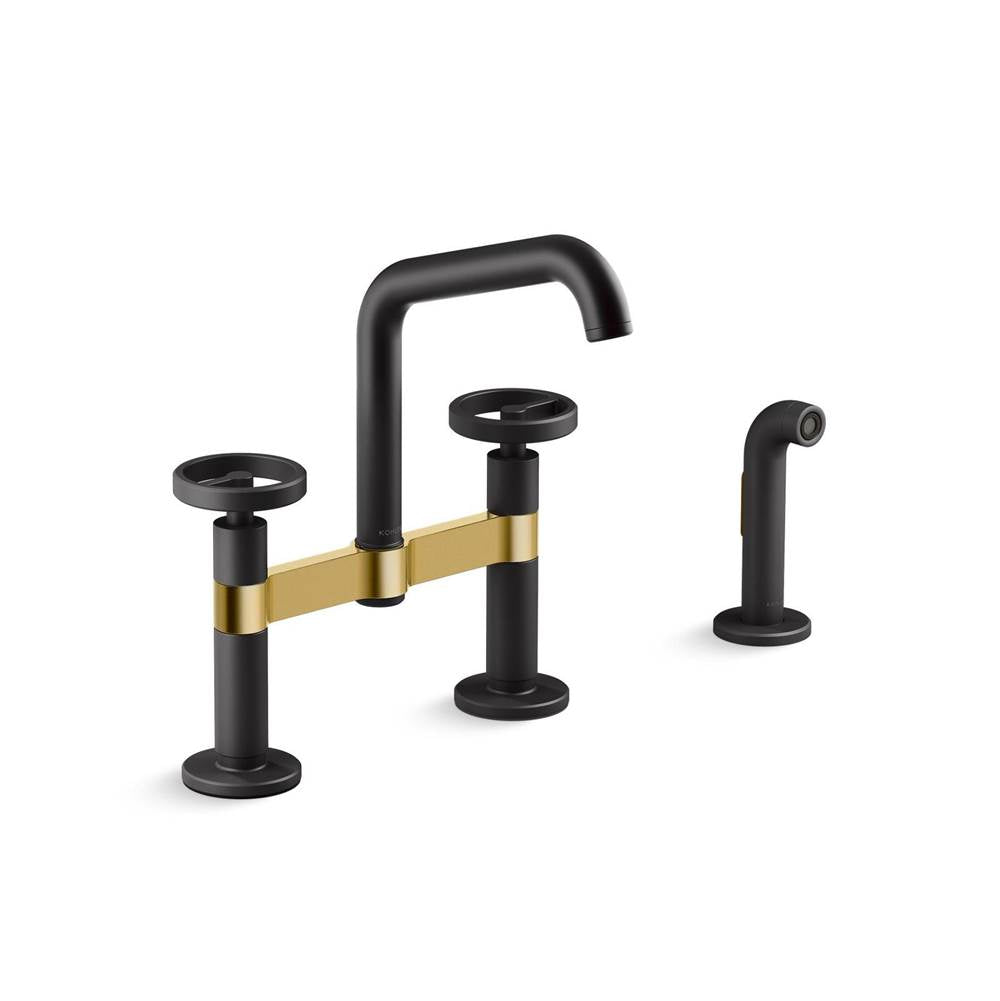 Kohler - BilletE Two-hole bridge kitchen sink faucet with side sprayer - Matte Black with Brushed Moderne Brass