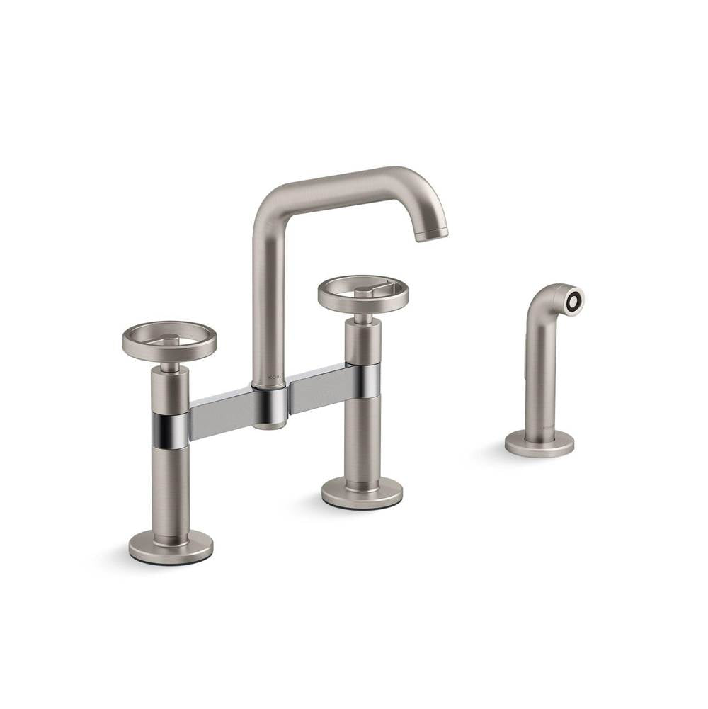 Kohler - BilletE Two-hole bridge kitchen sink faucet with side sprayer - Vibrant Stainless