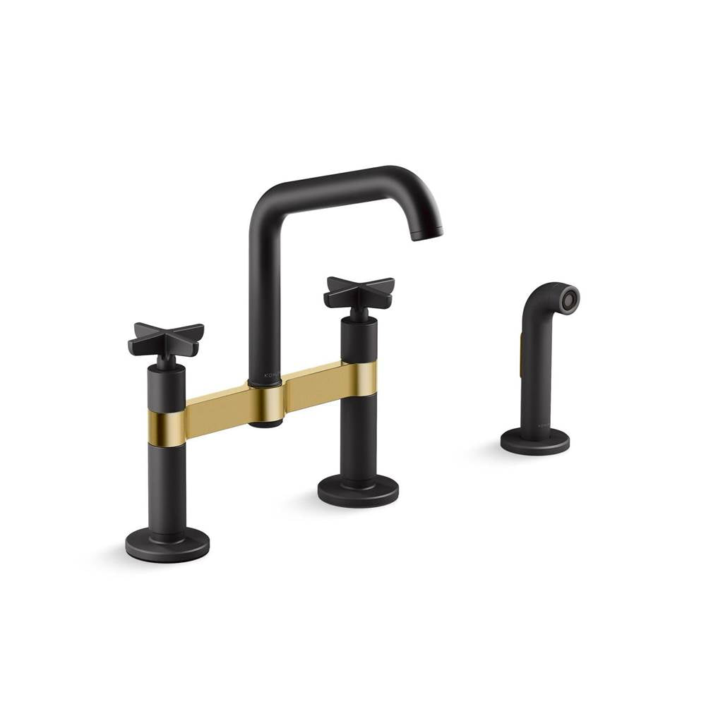 Kohler - BilletE Two-hole bridge kitchen sink faucet with side sprayer - Matte Black with Brushed Moderne Brass