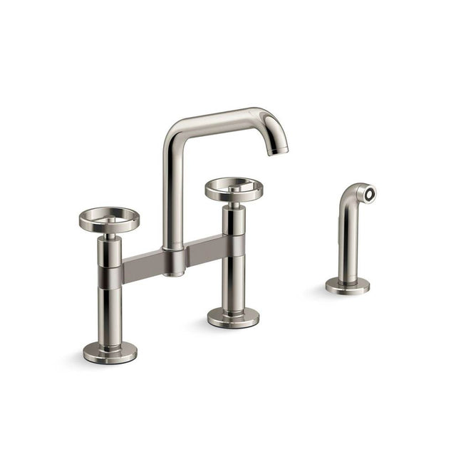 Kohler - BilletE Two-hole bridge kitchen sink faucet with side sprayer - Vibrant Polished Nickel