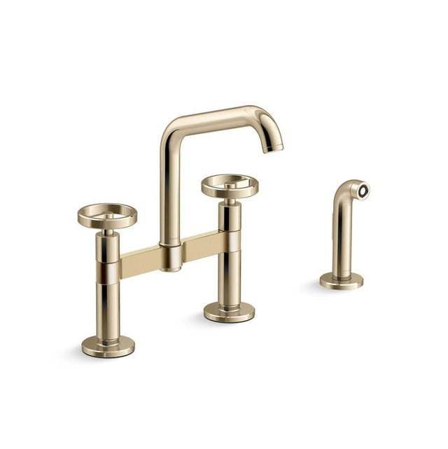 Kohler - BilletE Two-hole bridge kitchen sink faucet with side sprayer - Vibrant French Gold