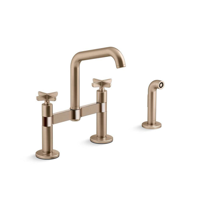 Kohler - BilletE Two-hole bridge kitchen sink faucet with side sprayer - Vibrant Brushed Bronze