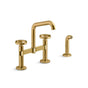 Kohler - BilletE Two-hole bridge kitchen sink faucet with side sprayer - Vibrant Brushed Moderne Brass