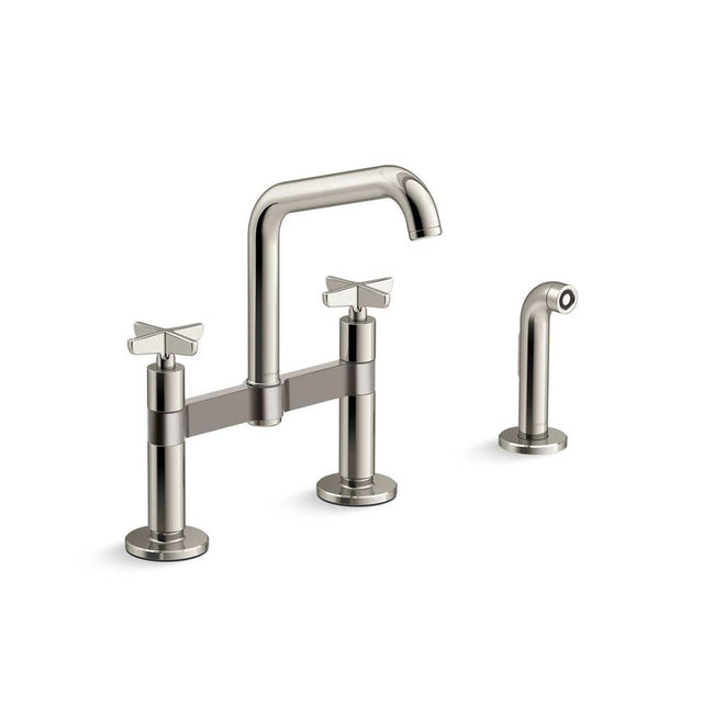 Kohler - BilletE Two-hole bridge kitchen sink faucet with side sprayer - Vibrant Polished Nickel