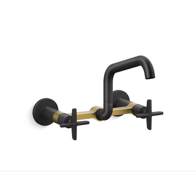 Kohler - BilletE Two-hole wall-mount bridge kitchen sink faucet - Matte Black with Brushed Moderne Brass