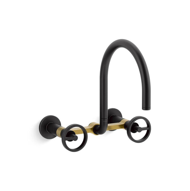 Kohler - BilletE Two-hole wall-mount bridge kitchen sink faucet - Matte Black with Brushed Moderne Brass