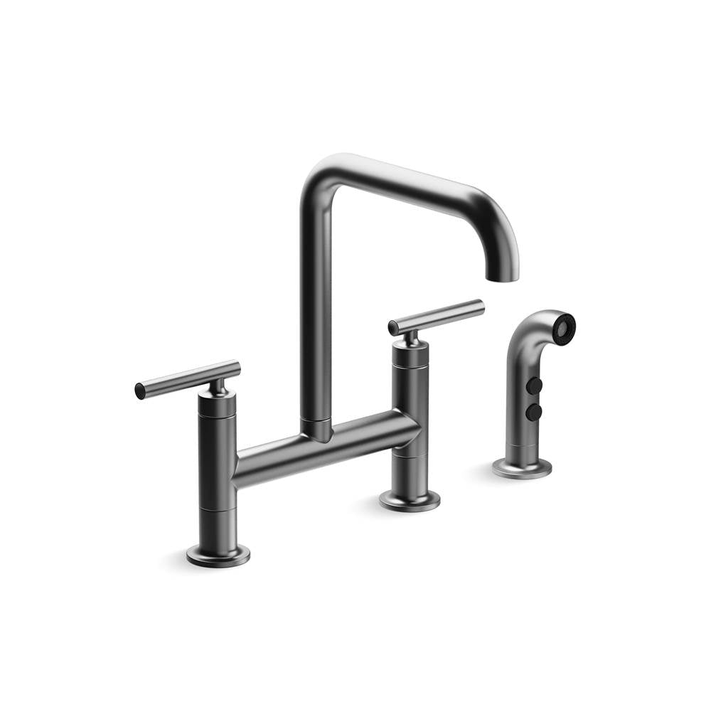 Kohler - Purist Two-hole bridge kitchen sink faucet with side sprayer - Brushed Graphite