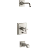 Kohler - Pinstripe Pure Rite-Temp bath and shower trim kit with push-button diverter and cross handle, without showerhead - Vibrant Brushed Nickel