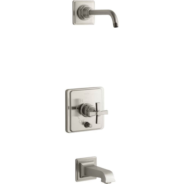 Kohler - Pinstripe Pure Rite-Temp bath and shower trim kit with push-button diverter and cross handle, without showerhead - Vibrant Brushed Nickel