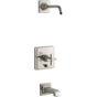 Kohler - Pinstripe Pure Rite-Temp bath and shower trim kit with push-button diverter and cross handle, without showerhead - Vibrant Brushed Nickel