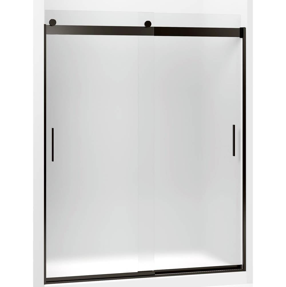 Kohler - Levity Sliding shower door, 74'' H x 56-5/8 - 59-5/8'' W, with 1/4'' thick Frosted glass and blade handles - Anodized Dark Bronze