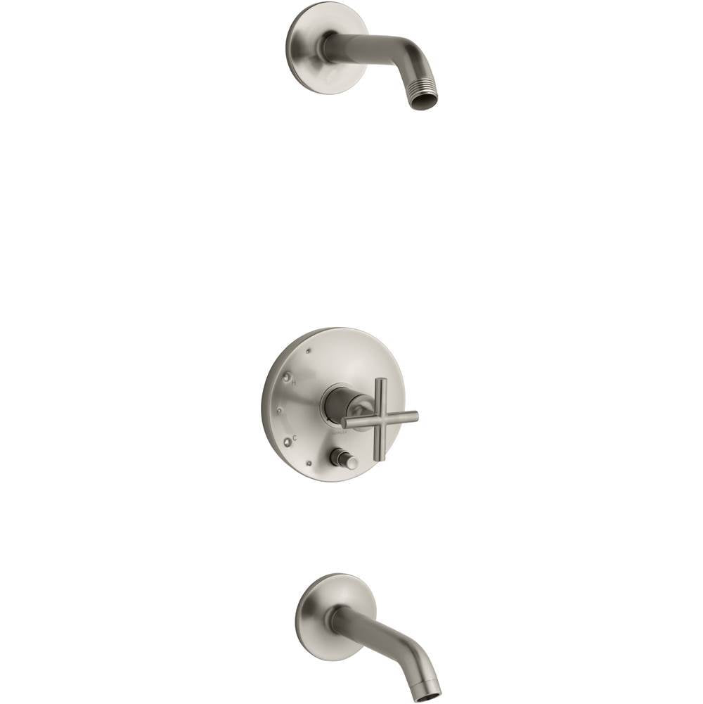 Kohler - Purist Rite-Temp bath and shower trim kit with push-button diverter and cross handle, without showerhead - Vibrant Brushed Nickel