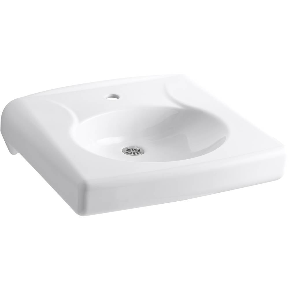 Kohler - BrenhamE Wall-mount or concealed carrier arm mount commercial bathroom sink with single faucet hole and no overflow, antimicrobial finish - White