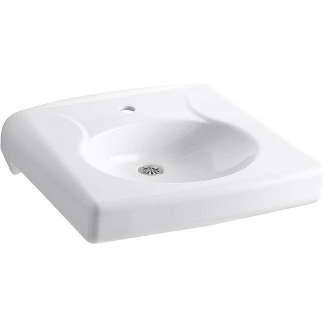 Kohler - BrenhamE Wall-mount or concealed carrier arm mount commercial bathroom sink with single faucet hole and no overflow, antimicrobial finish - White