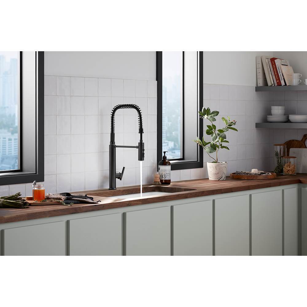 Purist Semi-professional kitchen sink faucet with three-function sprayhead