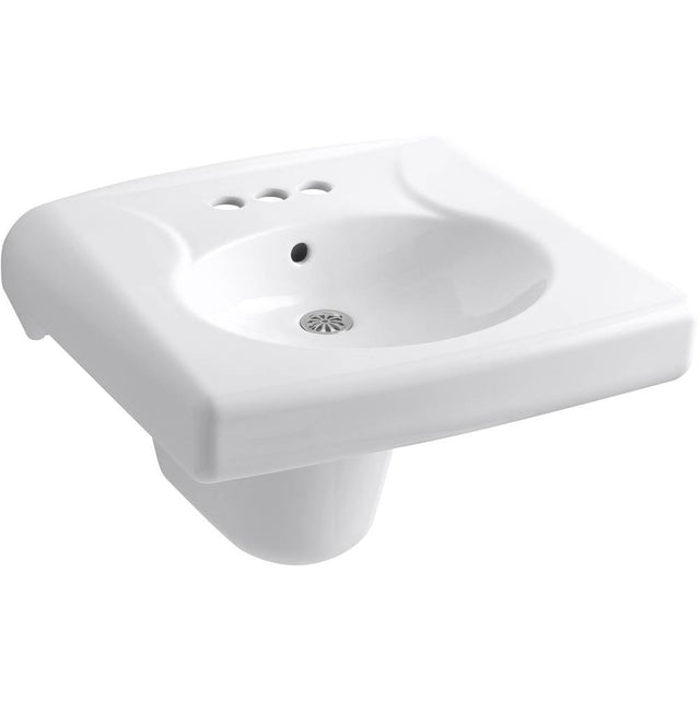 Kohler - BrenhamE Wall-mount or concealed carrier arm mount commercial bathroom sink with 4'' centerset faucet holes and shroud, antimicrobial finish - White