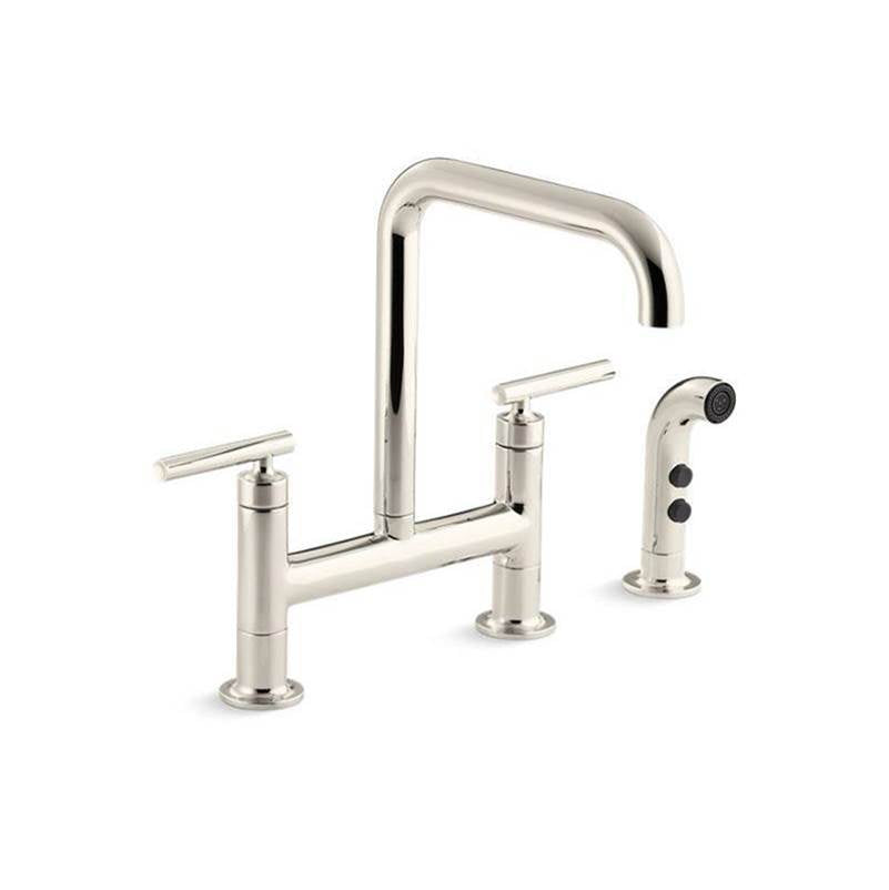 Kohler - Purist Two-hole bridge kitchen sink faucet with side sprayer - Vibrant Polished Nickel