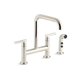 Kohler - Purist Two-hole bridge kitchen sink faucet with side sprayer - Vibrant Polished Nickel