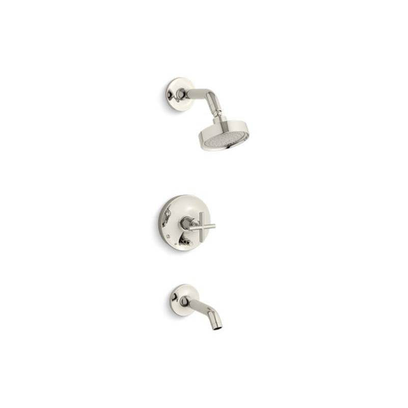 Kohler - Purist Rite-Temp bath and shower trim kit with push-button diverter and cross handle, 2.5 gpm - Vibrant Polished Nickel