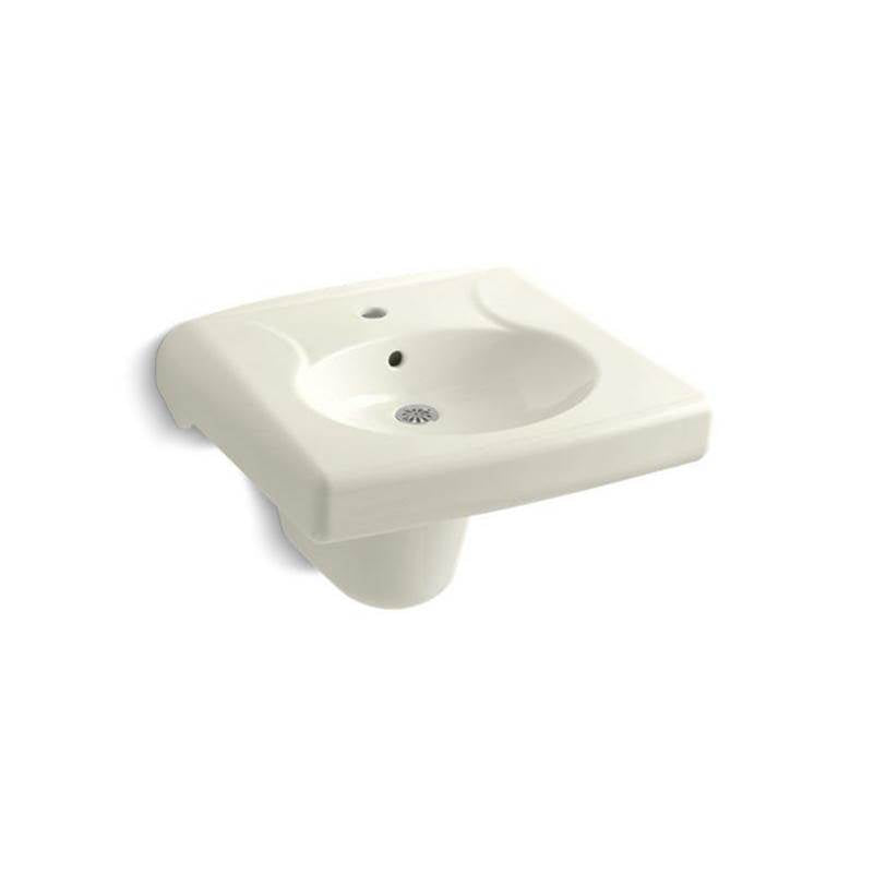 Kohler - BrenhamE Wall-mount or concealed carrier arm mount commercial bathroom sink and shroud with single faucet hole - Biscuit