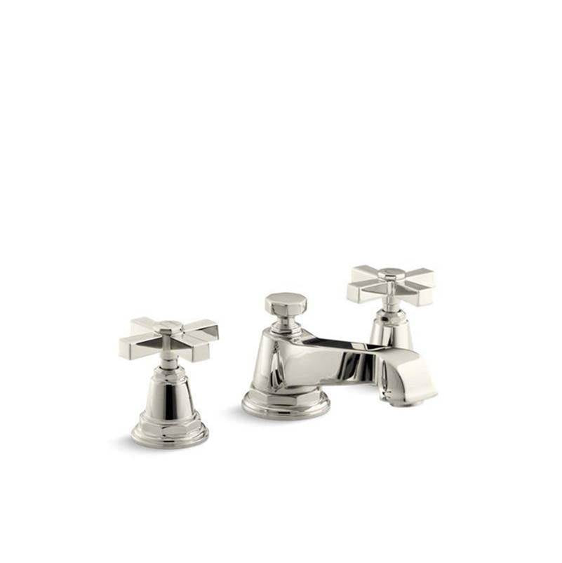 Kohler - Pinstripe Pure Widespread bathroom sink faucet with Cross handles, 1.2 gpm - Vibrant Polished Nickel