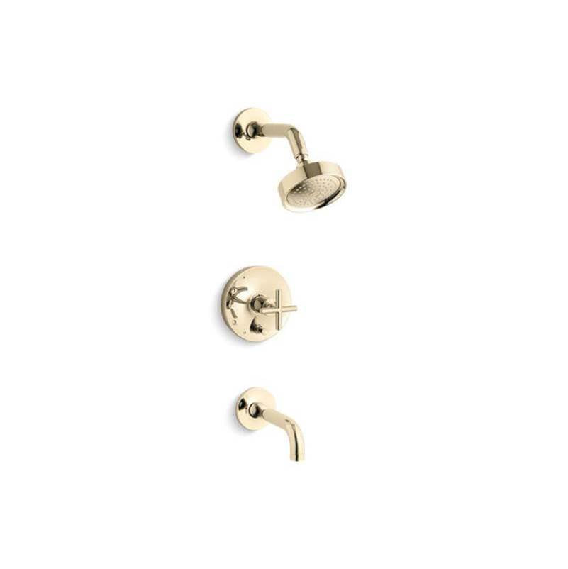Kohler - Purist Rite-Temp bath and shower trim kit with push-button diverter and cross handle, 2.5 gpm - Vibrant French Gold