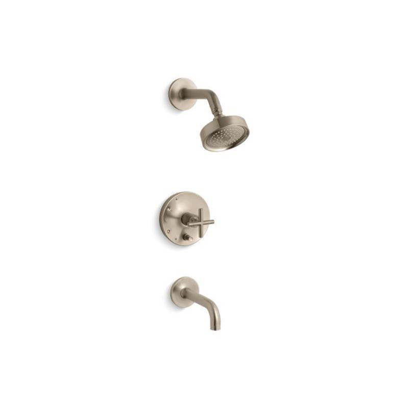 Kohler - Purist Rite-Temp bath and shower trim kit with push-button diverter and cross handle, 2.5 gpm - Vibrant Brushed Bronze