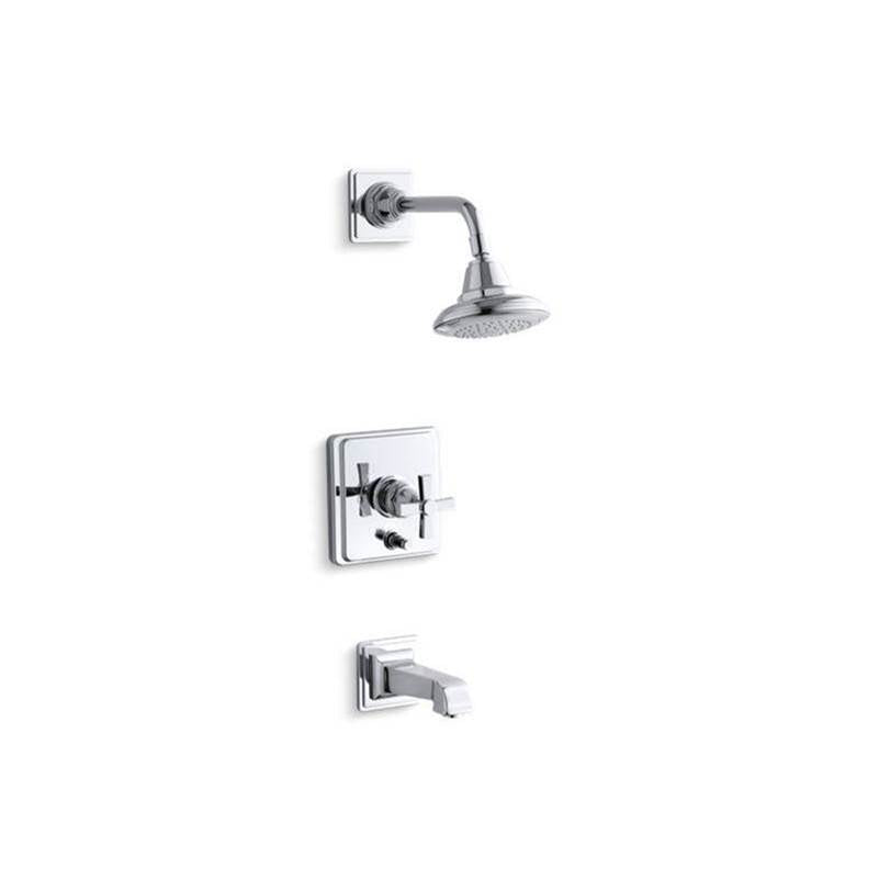 Kohler - Pinstripe Pure Rite-Temp bath and shower trim kit with push-button diverter and cross handle, 2.5 gpm - Polished Chrome