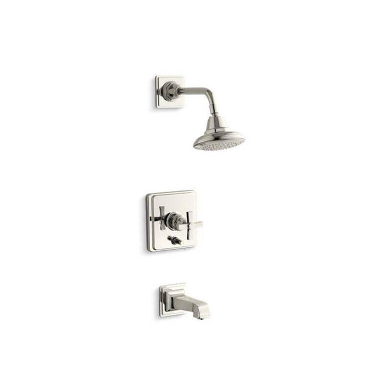 Kohler - Pinstripe Pure Rite-Temp bath and shower trim kit with push-button diverter and cross handle, 2.5 gpm - Vibrant Polished Nickel