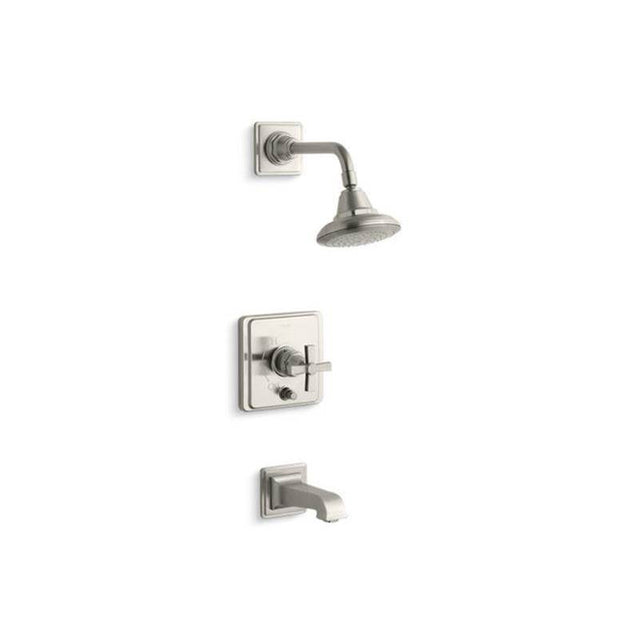 Kohler - Pinstripe Pure Rite-Temp bath and shower trim kit with push-button diverter and cross handle, 2.5 gpm - Vibrant Brushed Nickel