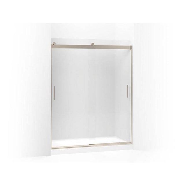 Kohler - Levity Sliding shower door, 74'' H x 56-5/8 - 59-5/8'' W, with 1/4'' thick Frosted glass and blade handles - Anodized Brushed Bronze