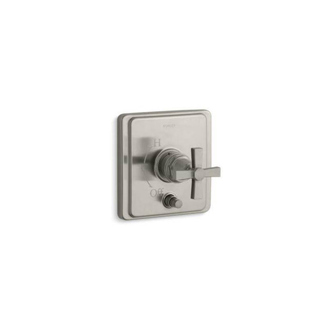 Kohler - Pinstripe Rite-Temp valve trim with push-button diverter and cross handle - Vibrant Brushed Nickel