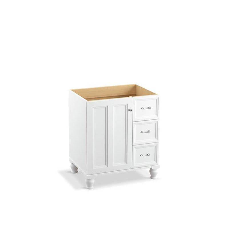 Kohler - Damask 30'' bathroom vanity cabinet with furniture legs, 1 door and 3 drawers on right - Linen White