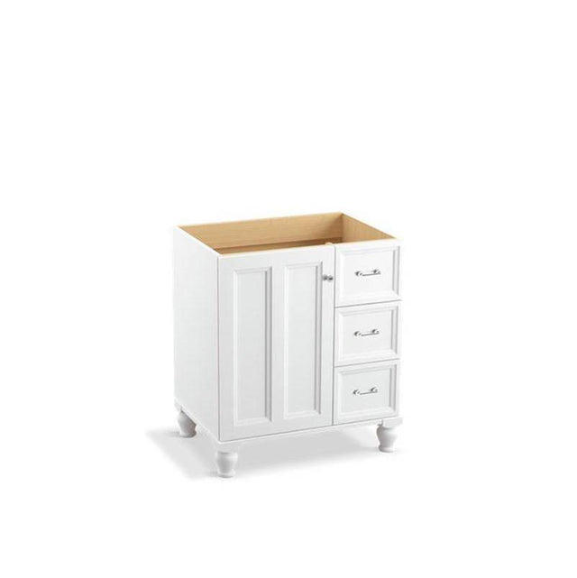 Kohler - Damask 30'' bathroom vanity cabinet with furniture legs, 1 door and 3 drawers on right - Linen White