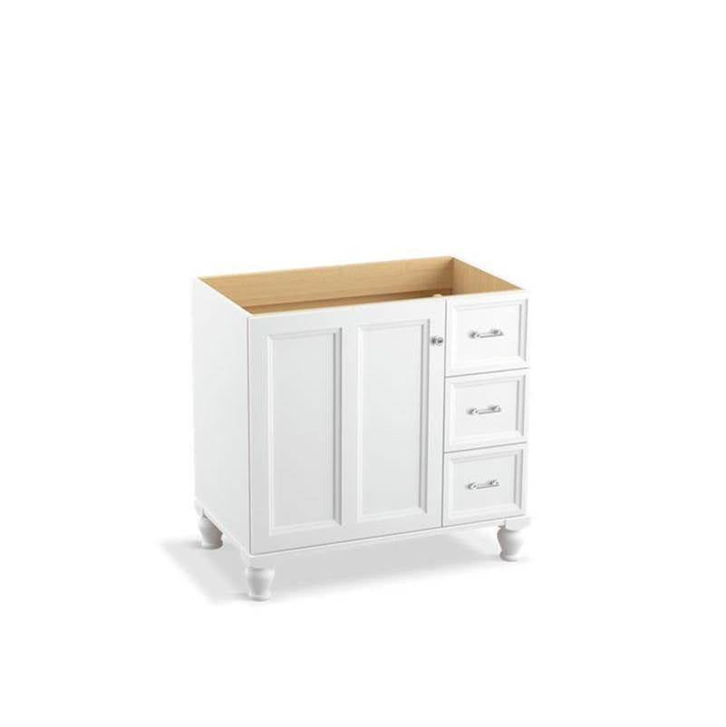 Kohler - Damask 36'' bathroom vanity cabinet with furniture legs, 1 door and 3 drawers on right - Linen White