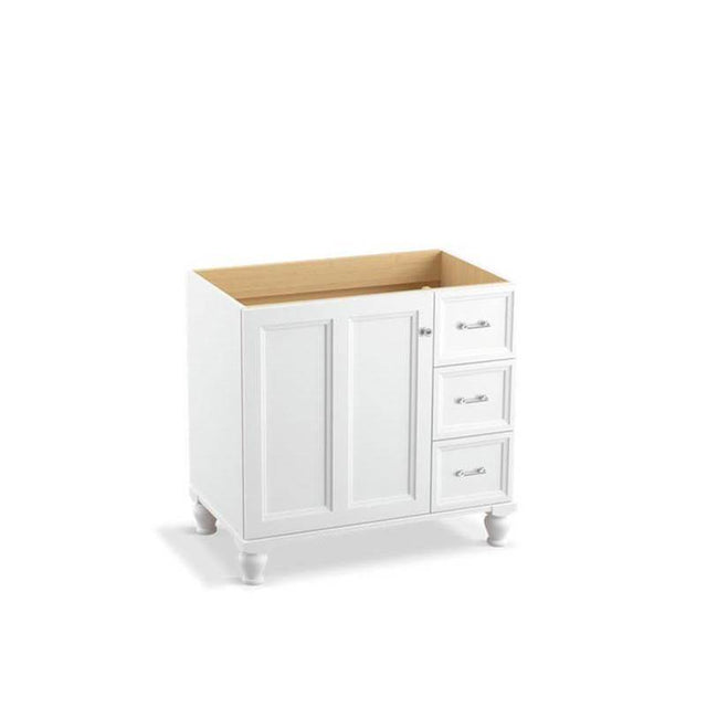 Kohler - Damask 36'' bathroom vanity cabinet with furniture legs, 1 door and 3 drawers on right - Linen White