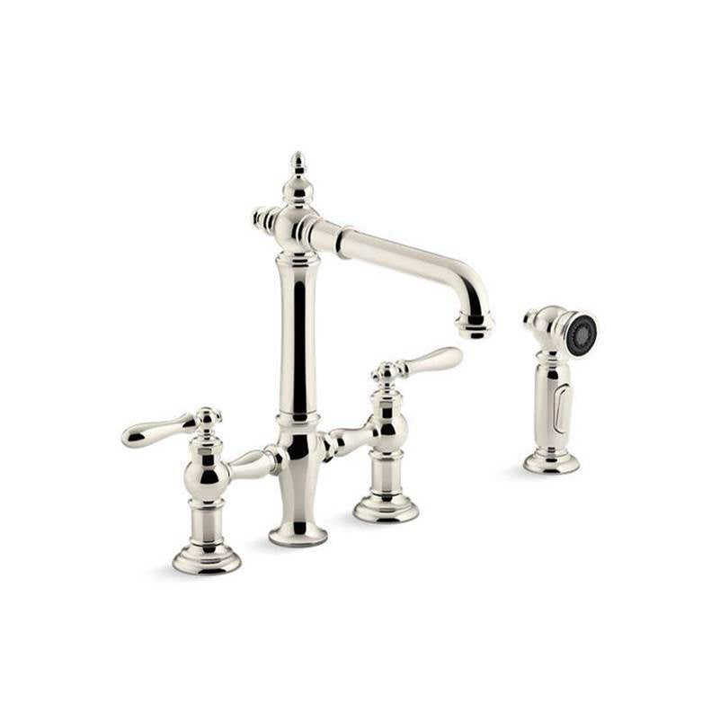 Kohler - Artifacts Two-hole bridge kitchen sink faucet with side sprayer - Vibrant Polished Nickel