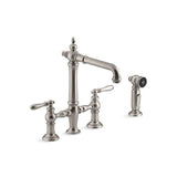 Kohler - Artifacts Two-hole bridge kitchen sink faucet with side sprayer - Vibrant Stainless