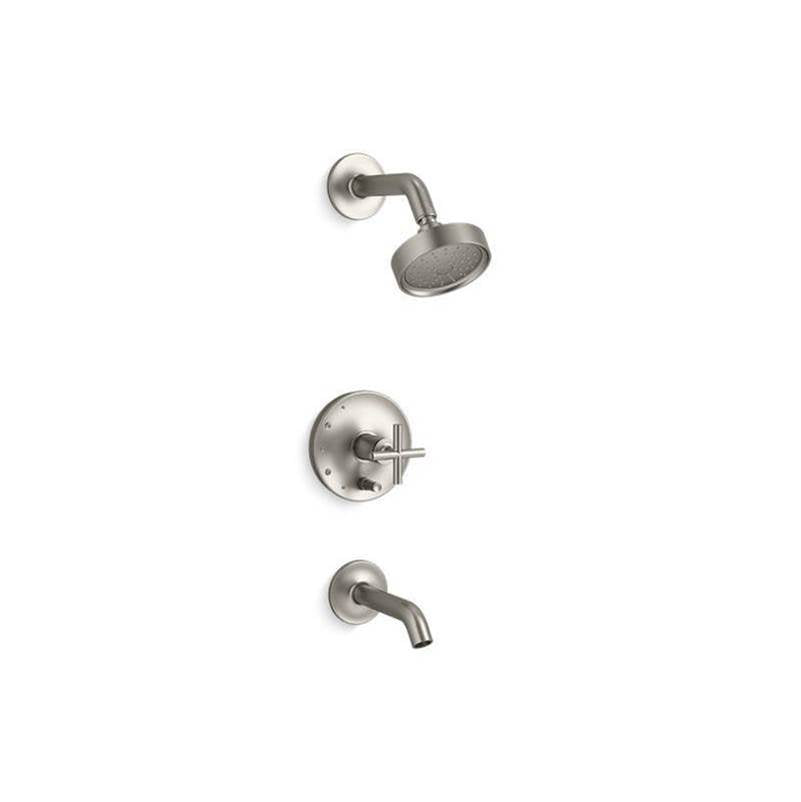 Kohler - Purist Rite-Temp bath and shower trim kit with push-button diverter and cross handle, 1.75 gpm - Vibrant Brushed Nickel