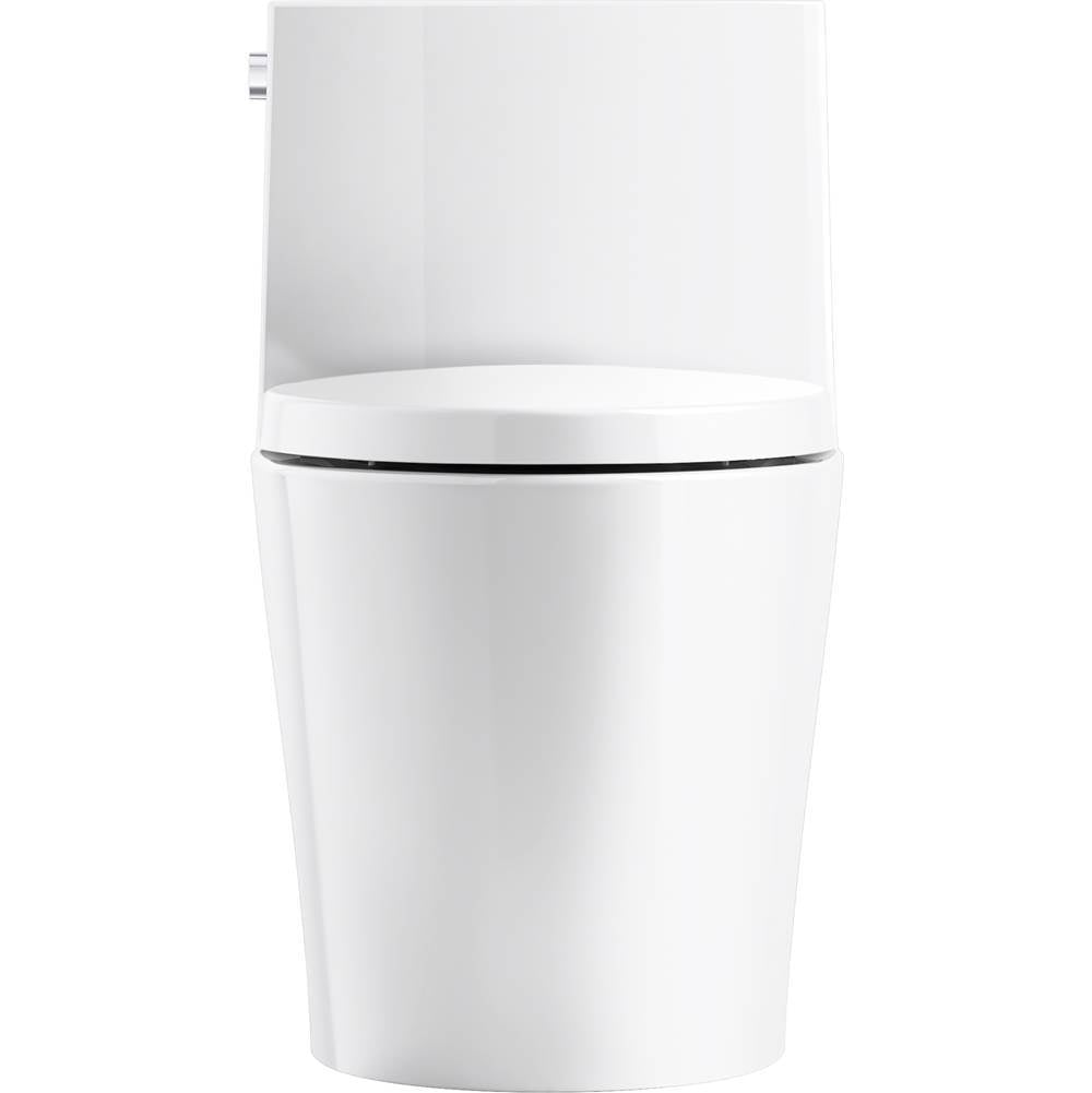 Veil One-piece elongated toilet with skirted trapway, dual-flush